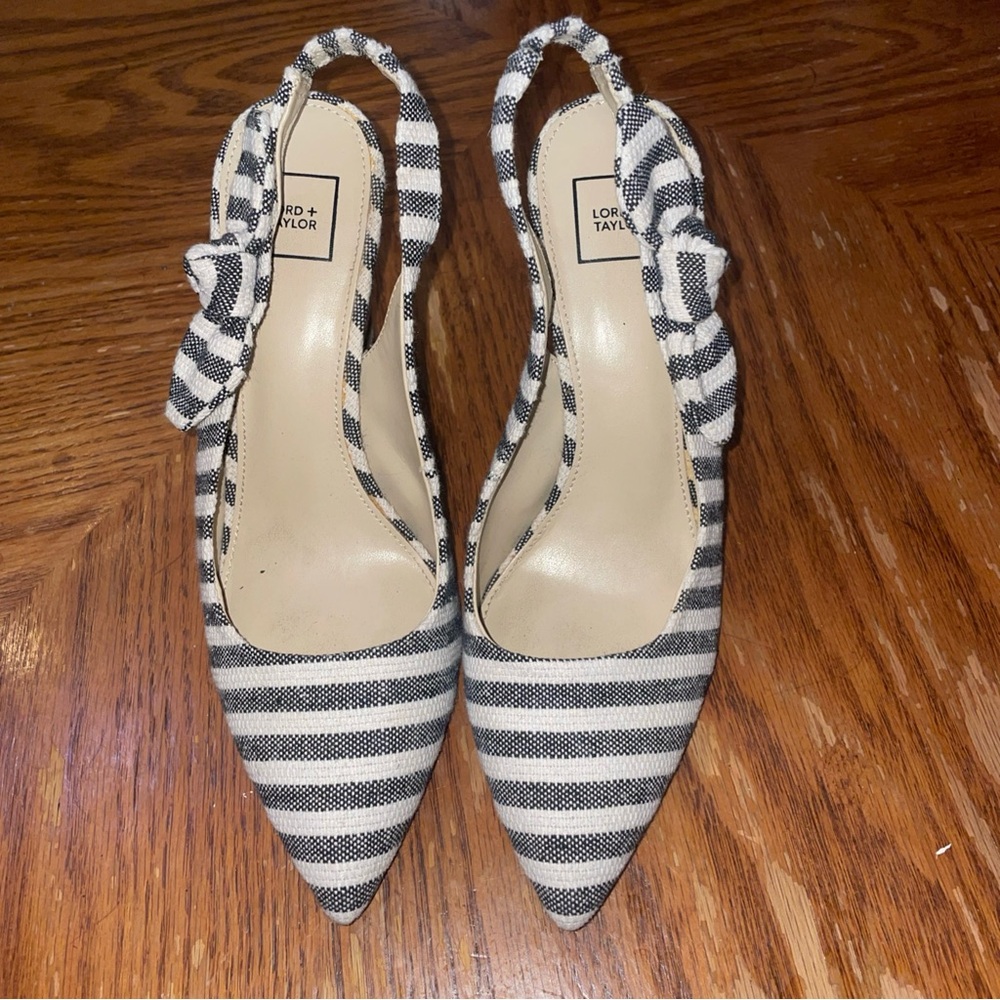 Lord & Taylor Navy And White Striped Canvas Sling Back Heels, Size 7.5